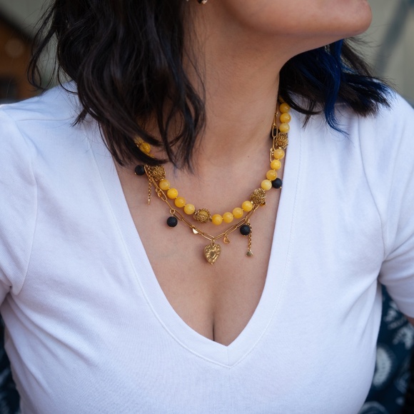 7 Charm Gold Necklace with Volcanic stone beads - Picture 1 of 7